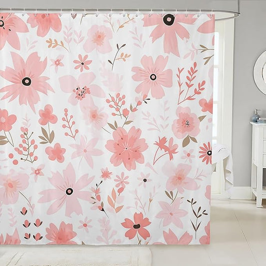 Feelyou Pink Flower Fabric Shower Curtain Floral Flower Shower Curtain for Boys Girls Flower Botanical Bathroom Waterproof Accessories with 12 Hooks Nature Plants Curtains,72x78 Inches