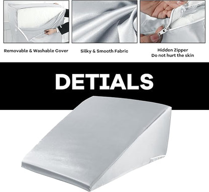 HOMBYS Satin Bed Wedge Pillow Cover Silky & Smooth Wedge Pillowcase 1 Pack 24x24x7.5, Soft & Breathable, Removable & Machine Washable-Zipper Design (Pillow Not Include), Light Grey