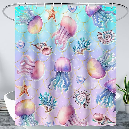AILONEN Ocean Jellyfish Shower Curtain for Bathroom, Cute Jellyfish Mermaid Printed Bathroom Curtain,Girls Women Kids Coral Bath Curtain 72"W*78"H Polyester Waterproof Bathroom Curtain With 12 Hooks