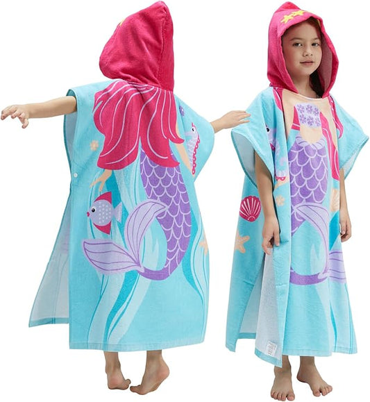 Kids Hooded Towel Bath Beach Soft Cotton Towels Girls Absorbent Pool Wrap with Hood Baby Toddler Poncho Robe(Purple Mermaid,3-4Years/Height:33"-43")