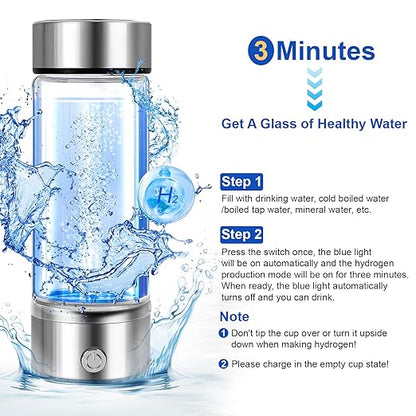 Hydrogen Water Bottle Hydrogen Water Bottle Generator Portable Rechargeable Health Hydrogen Water Bottle Hydrogen Rich Water Ready in 3 Mins Suitable for Home Office Exercise Travel (420ML)