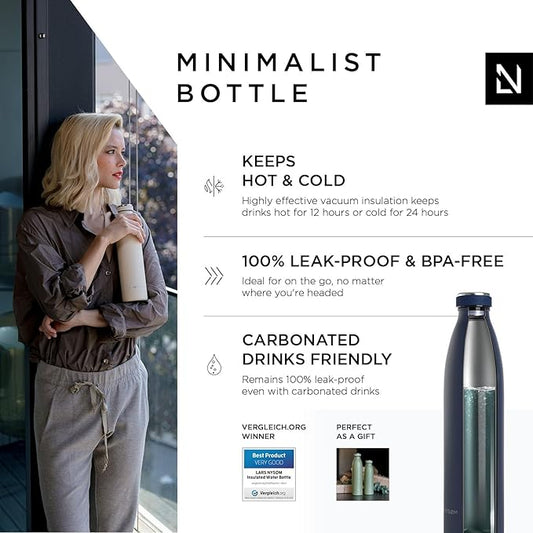 LARS NYSØM Stainless Steel Insulated Water Bottle 12oz 17oz 25oz 34oz 51oz | BPA-free Insulated Thermo Flask for Hot and Cold Beverages | Leakproof Drinking Bottle (Navy Blue, 34oz)