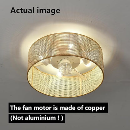 Bamboo Small DC Ceiling Fan with Light Fixture and Remote Control,Boho Enclosed Wicker Caged Flush Mount Rattan Cage Drum Low Profile Fandelier for Kitchen Nursery Bedroom Indoor Office Dining Room