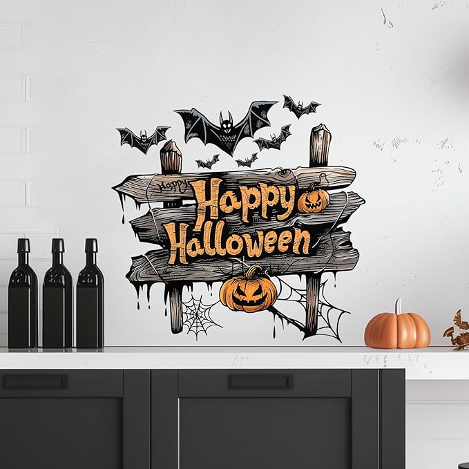 Halloween Wall Stickers Bat Spider Web Pumpkin Wall Decals Decor Self Adhesive Design Wall Decals Supply Happy Halloween Window Stickers for Wall Glass Mirror Living Room Home Bathroom Kitchen School