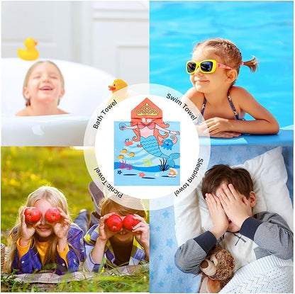 Kids Blue Mermaid Hooded Beach Towel Girls Cute Poncho Pool Towels with Hood 24*47 in Soft Microfiber Swim Cover-ups Kids Ages 3-10 Thick Absorbent Cotton Hooded Bath Towel Wrap Bathrobe