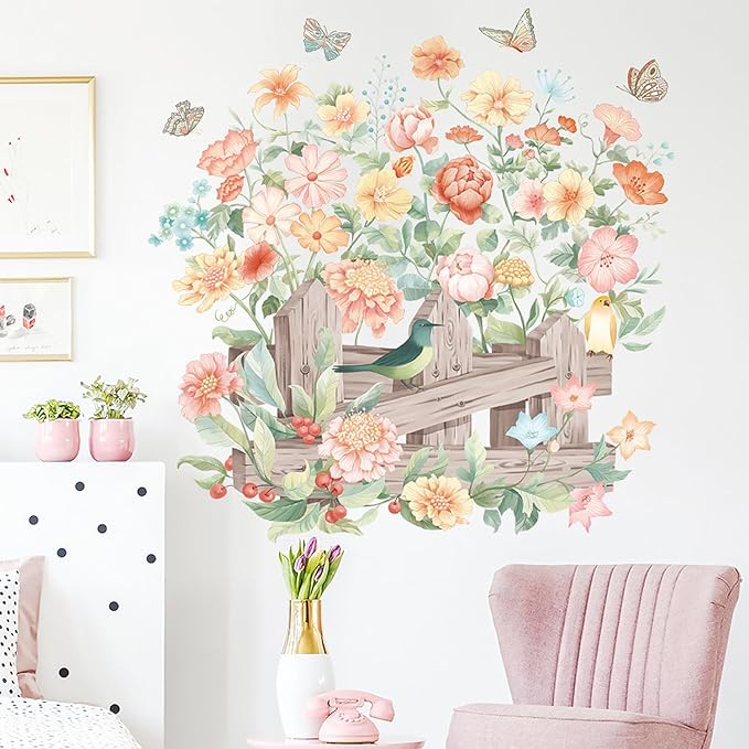 Watercolor Flowers Wall Decals Removable Spring Floral Butterfly Bird Wall Stickers Girls Bedroom Living Room Nursery Wall Decor