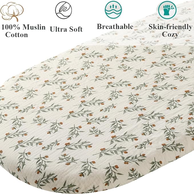 Muslin Bassinet Sheet Compatible with UPPAbaby Bassinet, 2 Pack Cotton Stylish Boho Fitted Bassinet Sheets Super Soft for Baby Roman Green & Botanical Leaf