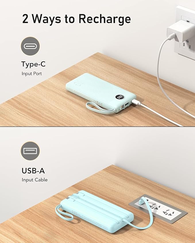 VEEKTOMX Portable Charger with Built-in Cables - 10000mAh Power Bank for iPhone - Slim Fast Charge USB C Battery Pack - Small Travel Essentials Powerbank, Compatible with iPhone, Samsung, Android, etc