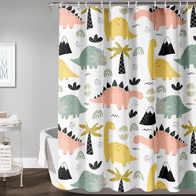AILONEN Dinosaur Shower Curtain for Kids Boys Girls, Cute Kawaii Dinosaur Bathroom Curtain,Tropic Tree Leaves Printed Bath Curtain 72" W*78" H Polyester Waterproof Bathroom Curtain with 12 Hooks