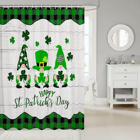 St. Patrick's Day Kids Shower Curtains,Cartoon Gnomes Leaves Irish Holiday Bathroom Curtains for Girls Boys,Geometric Grids Patchwork Green Cute Waterproof Curtains,12 Hooks Suits,72"W x 84"L