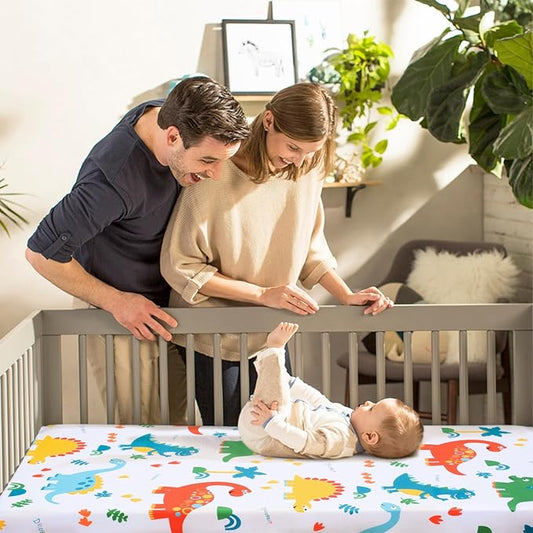 JISEN Baby Crib Sheets 2 Piece Portable Fitted Crib Sheet for Standard Crib and Toddler Mattresses Nursery Bed Decor for Boys Girls 28x52 Inch White/Black Dinosaurs