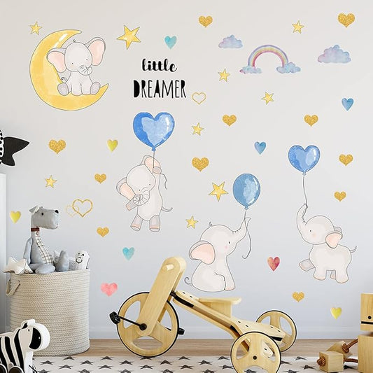 Cartoon Elephant Wall Stickers Moon Stars Balloons Rainbow Wall Decals Cute Animal Wall Decor for Kids Room Bedroom Living Room Wall Background Decor