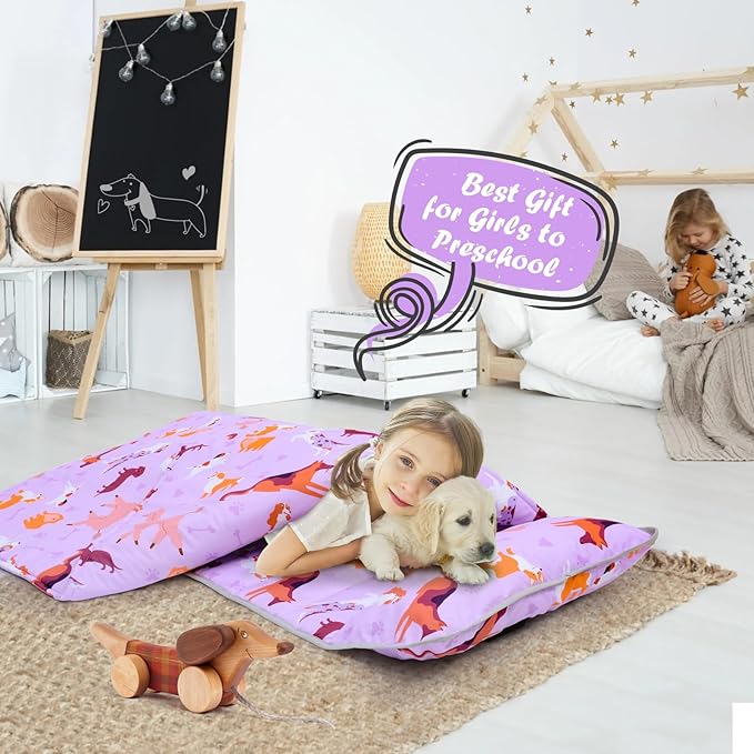 UOMNY Toddler Nap Mat Girls Kids Nap Mats with Removable Pillow and Blanket,Dogs Toddler Sleeping Bag for Preschool Daycare Pink for Dog Lovers 53x21 Inch