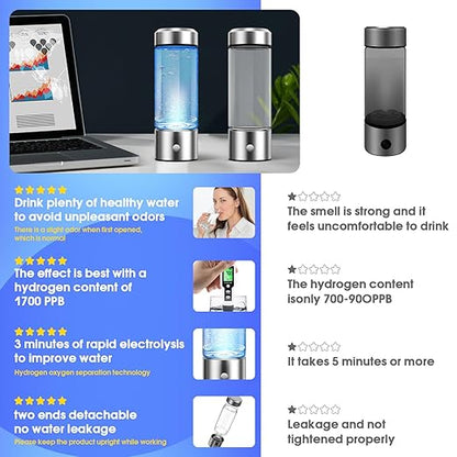 Hydrogen Water Bottle, Portable Rechargeable Hydrogen Water Bottles Generator, 3 Min Quick Electrolysis, 420ml Portable Hydrogen Water Generator for Office, Daily Use, Exercise, Travel and Gifts