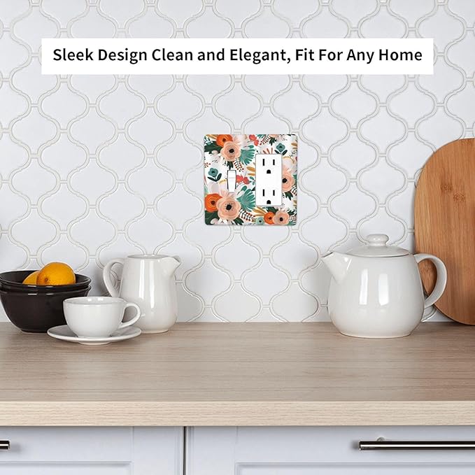 Rustic Floral Boho Colorful Flower 2 Gang Single Toggle Rocker Combination Light Switch Covers Wall Plate Cover Electrical Faceplate Decorative Switchplate for Farmhouse Bathroom Bedroom Decor