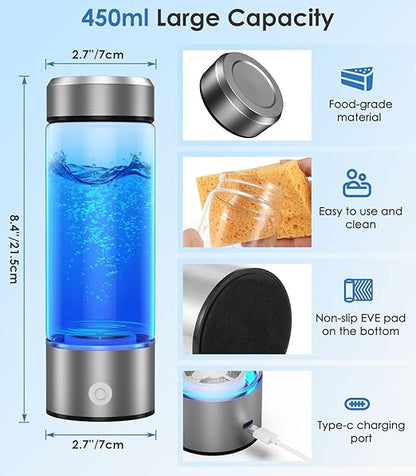 Hydrogen Water Bottle, Type-C Rechargeable Hydrogen Water Bottle Generator 3Min Quick Electrolysis, Portable Health Hydrogen Water Machine for Home Office Travel and Daily Drinking, SilverGray