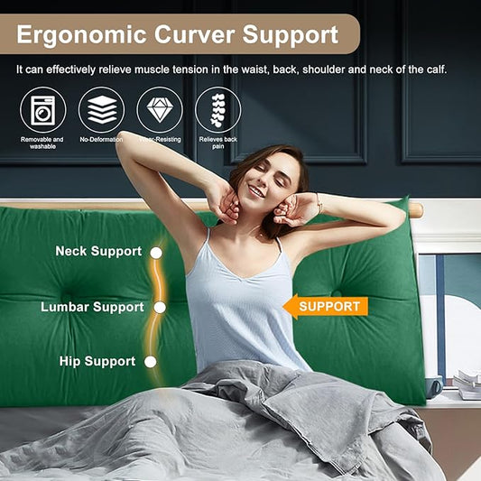 Large Triangular Headboard Pillows Long Backrest Positioning Support Bolster Cushion for Daybed Fluffy Quality Plush Body Wedge Pillow with Removable Cover(Dark green-24x8x20in)