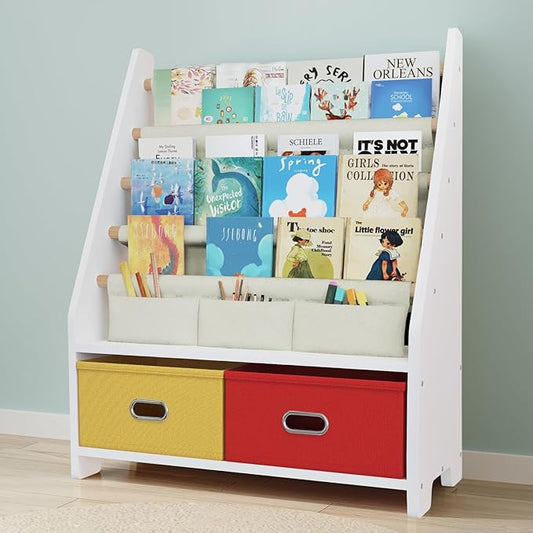 4 Tier Kids Book Shelf, Wooden Kids Book Rack, White Kids Bookshelf with Toy Storage Organizer, Toddler Sling Bookshelf for Boys, Girls, Kids Room, Red/Yellow