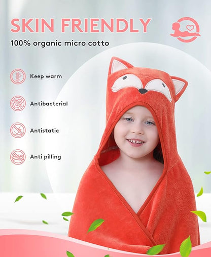 Hooded Towel for Kids 100% Cotton Ultra Soft with Unique Animal Design Large for Infants 3-10 Years (Fox)