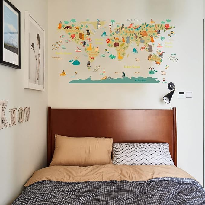 Animal World Map Wall Stickers Cartoon Lion Bear Travel Wall Decals Peel and Stick Removable Wall Stickers Baby Kids Bedroom Nursery Toddler Room Living Room Wall Sticker Decor