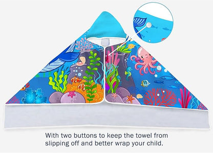 Blue Sea World Hooded Beach Towel for Kids, Cute Bath Towel with Hood, Boy Microfiber Super Absorbent Soft Poncho Bathrobe for Swin Pool 30”x50”