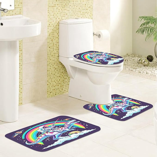 4PCS Dinosaur Shower Curtain Set with 12 Hooks for Bathroom Sets Dinosaur Decor, Non-Slip Rugs and Toilet Mat Lid Rug, Durable Waterproof for Bathroom Astronaut Rides Dinosaur Decor 72x72 Inch