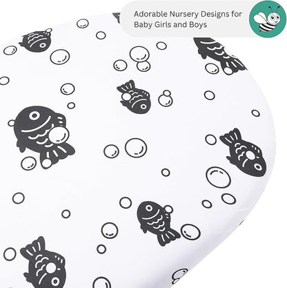 TansyPanda Bassinet Sheets for Angelbliss, Koolerthings, Koola Baby Bassinet Bedside Sleeper, 3 Pack, 33x20 inch, Ultra Soft, Breathable, Snug Fit, Unisex Boys Girls, Gray White (Ocean Fish Theme)
