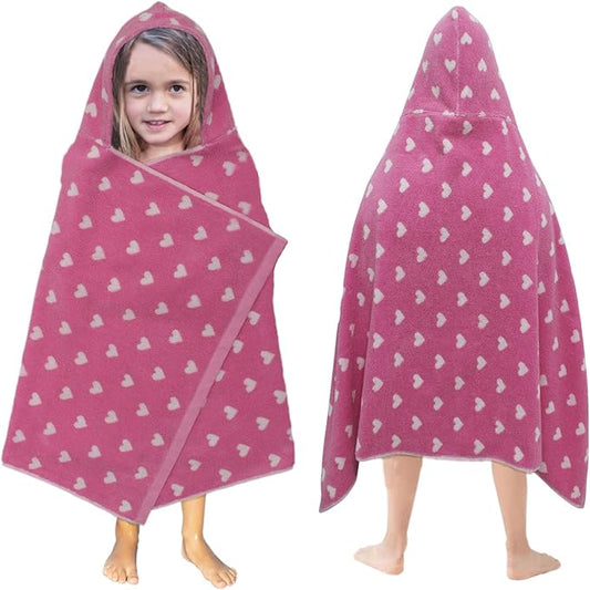 Hooded Bath Towel Wrap - 100% Cotton Jacquard Reversible Large Hooded Hearts Kids Towel - Toddler Shower Pool Beach Towel - Soft Plush Absorbent Quick Dry Easy Care Gift - 26 x 50 - Pink