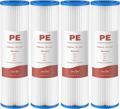 SimPure 10"x2.5" Pleated Polyester Sediment Water Filter Replacement Cartridge 5 Micron Whole House Pre-Filter Compatible with W50PE, WFPFC3002, SPC-25-1050, FM-50-975 - 4 Pack