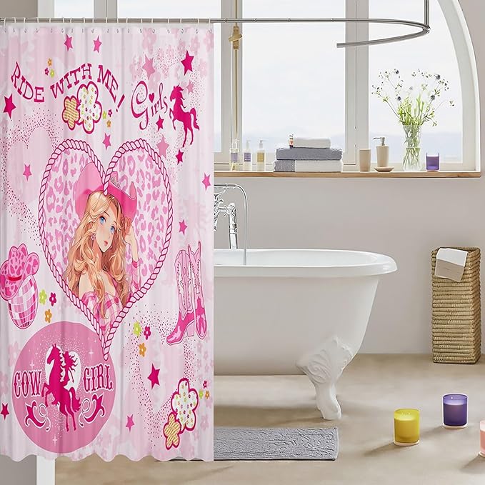Western Cowgirl Kids Shower Curtains,Cowboy Boots Horseshoe Rustic Bathroom Curtains for Girls Women,Stars Leopard Flowers Cartoon Pink Romantic Waterproof Curtains,12 Hooks Suits,72"W x 78"L