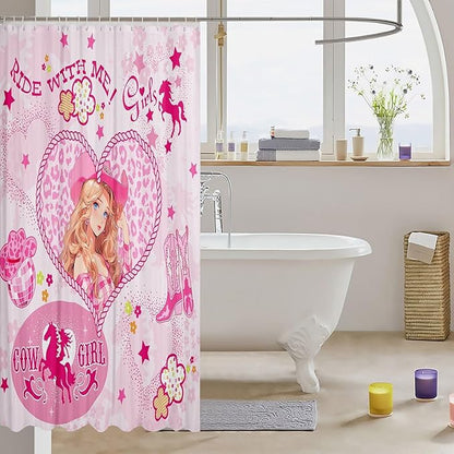 Western Cowgirl Kids Shower Curtains,Cowboy Boots Horseshoe Rustic Bathroom Curtains for Girls Women,Stars Leopard Flowers Cartoon Pink Romantic Waterproof Curtains,12 Hooks Suits,72"W x 78"L