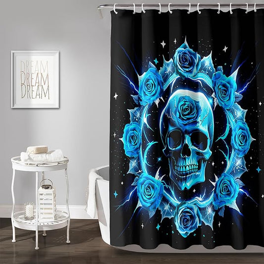 AILONEN Sugar Skull Shower Curtain for Bathroom,Blue Rose Flower Bath Curtain,Romantic Floral Skeleton Decor Bathroom Waterproof Curtain with 12 Plastic Hooks, 48" W*72" H