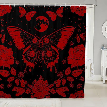 Feelyou Red Butterfly Fabric Shower Curtain Cover Botanical Floral Shower Curtain for Kids Boys Girls Butterflies Bathroom Waterproof Accessories with 12 Hooks Flying Curtains,72x72 Inches