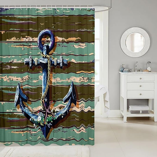 Feelyou Anchor Nautical Shower Curtain Wooden Anchor Decor Fabric Shower Curtain for Kids Boys Girls Vintage Green Bathroom Waterproof Accessories with 12 Hooks Rustic Farmhouse Curtains,72x78 Inches