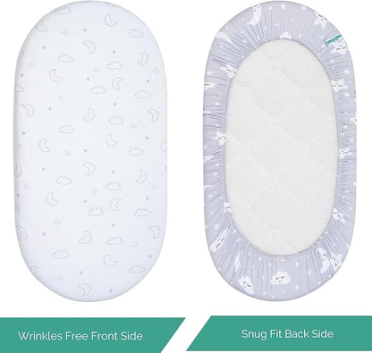 TansyPanda Bassinet Sheets for Baby Delight Snuggle Nest, Chicco LullaGo, Fisher Price, Snoo Smart, 3PC, 18 x 30 Inch, Ultra Soft, Breathable, Snug Fit, Unisex Boys, Girls (Moon, Stars, Clouds)