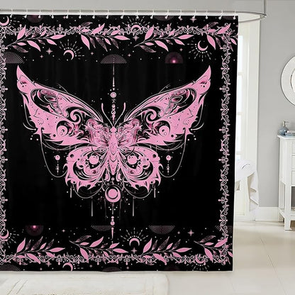 Feelyou Boho Pink Butterfly Bathroom Waterproof Accessories with 12 Hooks Bohemian Moth Shower Curtain for Kids Boys Girls Moon Galaxy Fabric Shower Curtain Black and Pink Curtains,72X78 Inches