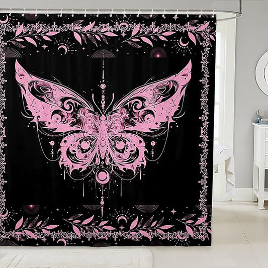 Feelyou Boho Pink Butterfly Bathroom Waterproof Accessories with 12 Hooks Bohemian Moth Shower Curtain for Kids Boys Girls Moon Galaxy Fabric Shower Curtain Black and Pink Curtains,72X78 Inches