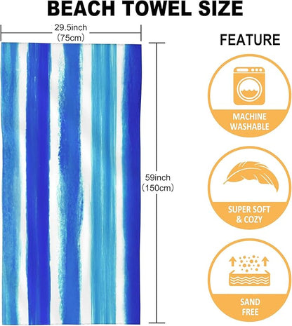 Beach Towel Oversized, Watercolor Blue Stripes Microfiber Beach Towels, Lightweight, Absorbent, Quick Dry, Sand-Free Beach Blanket, Unique and Ideal Gift for Camping, Pool,Yoga, 29.5” X 59”