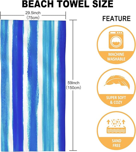 Beach Towel Oversized, Watercolor Blue Stripes Microfiber Beach Towels, Lightweight, Absorbent, Quick Dry, Sand-Free Beach Blanket, Unique and Ideal Gift for Camping, Pool,Yoga, 29.5” X 59”