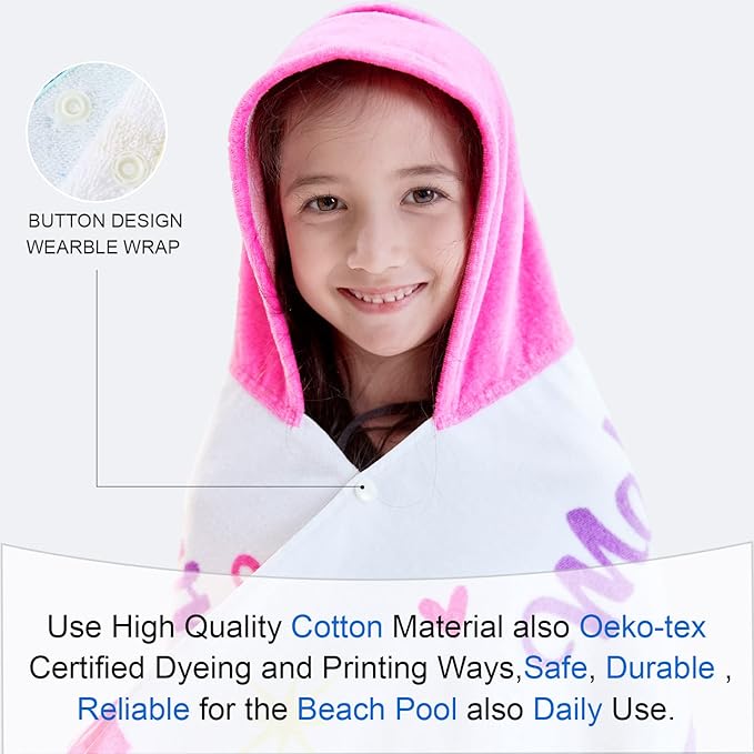 VOOVA & MOVAS Kids Towels with Hood Age 3-10, Soft | Thick | 100% Cotton | Absorbent | Large Wrap| Cover Up, Perfect for Beach, Pool, Bath, Swim, White Magic Unicorn
