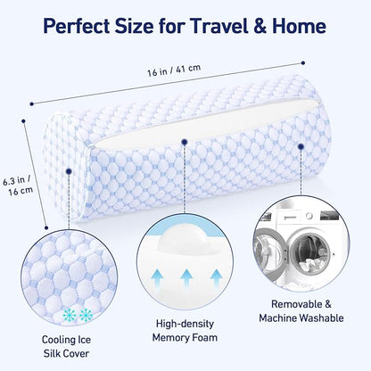 Neck Roll Pillow with Cooling Pillowcase - 16 x 6.3 Inch Round Neck Pillow for Sleeping - Memory Foam Bolster Pillow for Legs, Cylinder Pillows for Cervical, Back, Lumbar (Cool Blue)