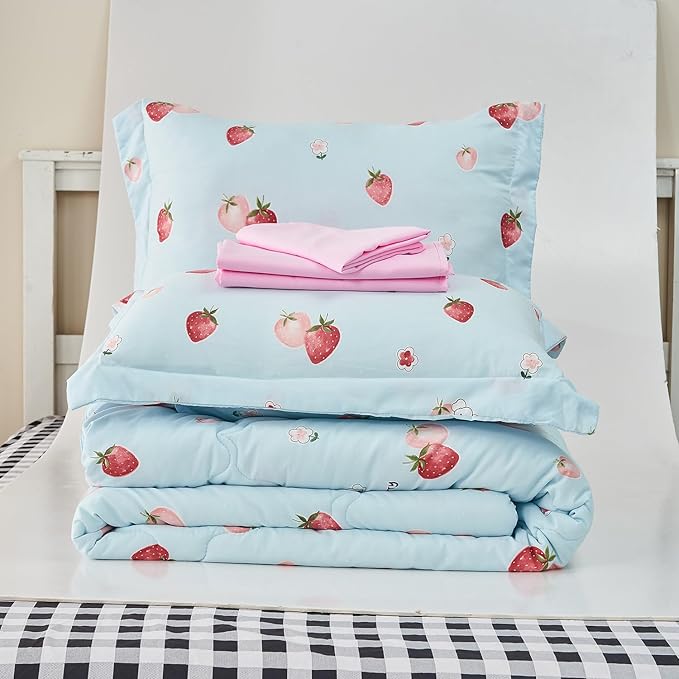 Wajade Kids Strawberry Comforter Set Bed in A Bag Twin Size 7 Piece Blue 3D Cute Strawberry Fruit Bedding Set for Girls Boys (1 Comforter, 1 Flat Sheet, 1 Fitted Sheet, 2 Pillowcase and 2 Pillow Sham)