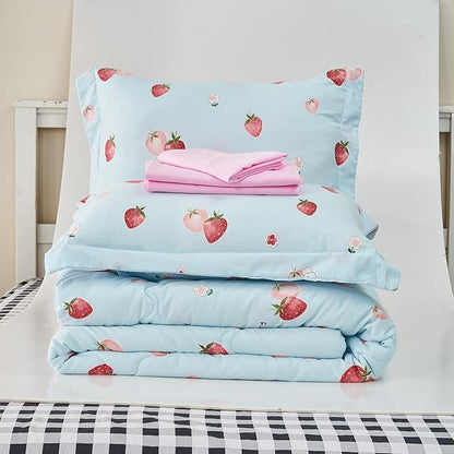 Wajade Kids Strawberry Comforter Set Bed in A Bag Twin Size 7 Piece Blue 3D Cute Strawberry Fruit Bedding Set for Girls Boys (1 Comforter, 1 Flat Sheet, 1 Fitted Sheet, 2 Pillowcase and 2 Pillow Sham)