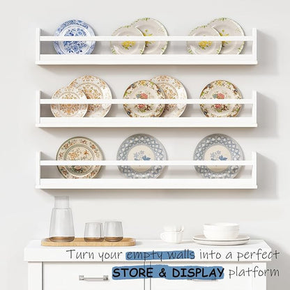Large Nursery Book Shelves 36 Inches Long Set of 3, Modern Plate Shelf for Wall Display, Floating Shelves with Lip and Clothes Rod for Kids Bedroom Living Room Kitchen Bathroom (White)