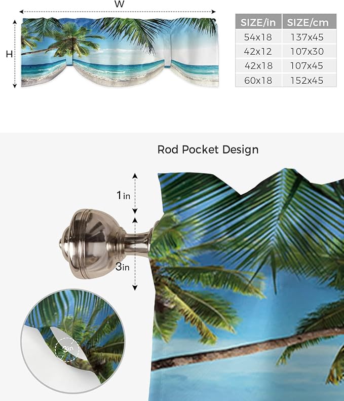 Palms Tree Ocean Blackout Tie Up Valance Curtains for Kitchen Windows Tropical Sea Window Toppers Balloon Shades for Living Room/Bathroom/Bedroom,1 Panel,42" X 12" Beach Theme