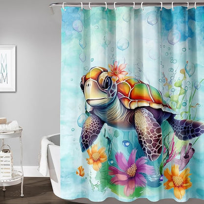 AILONEN Cute Sea Turtle Shower Curtain,Boys Kids Ocean Turtle Bath Curtain with 12 Plastic Hooks,Watercolor Sea Turtle Decorative Waterproof Curtain 72" W*72" H