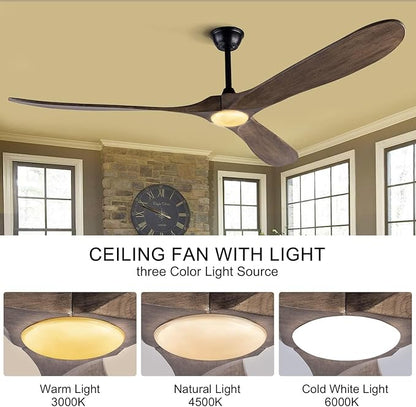 BOJUE 72 Inch Large Ceiling Fans with Lights, Ceiling Fan with Light and Remote Control, 3 Solid Wood Blades, Indoor Outdoor Ceiling Fans for Patios Porch Living Room Farmhouse