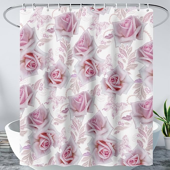 AILONEN Girls Rose Shower Curtain 36" W*72" H, Pink Rose Shower Curtain with Hooks,Waterproof Floral Shower Curtain for Bathroom,Romantic Flower Pink Shower Curtain
