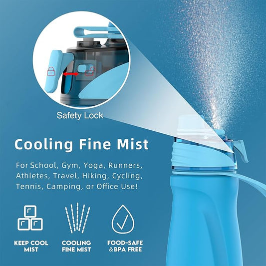 Misting Water Bottle, 24oz Insulated Water Bottle, 2-in-1 Mist & Sip Stainless Steel Water Bottles, Thermo for Hot Drinks/Cold Drinks, Sports Water Bottle for Hiking, Running, Gym, Lake Blue