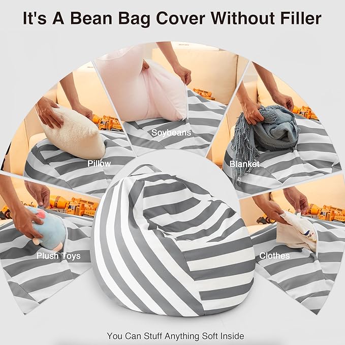 EXQ Home Kids Bean Bag Chairs Cover (No Filler) -Stuffed Animal Bean Bag Storage Grey and White Stripes-Zipper Bean Bag for Organizing Children Plush Toys Holiday Gift for Girl,Boys